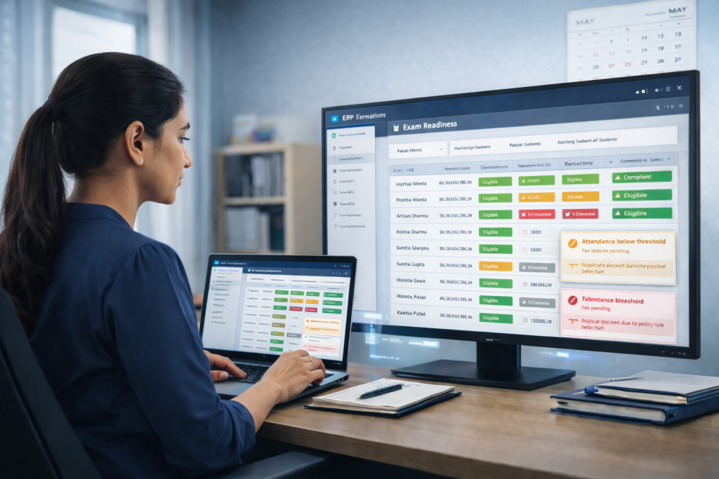 AI-assisted exam readiness monitoring for eligibility and compliance in university ERP
