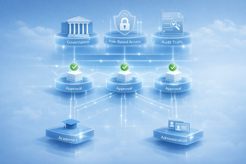 ERP governance framework showing role-based access, approvals, and audit trails in universities