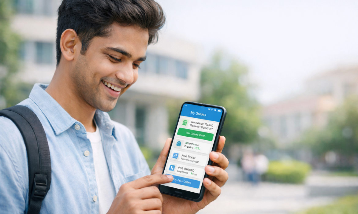 University student checking academic information on a mobile app as part of a smart Education Management System (EMS)