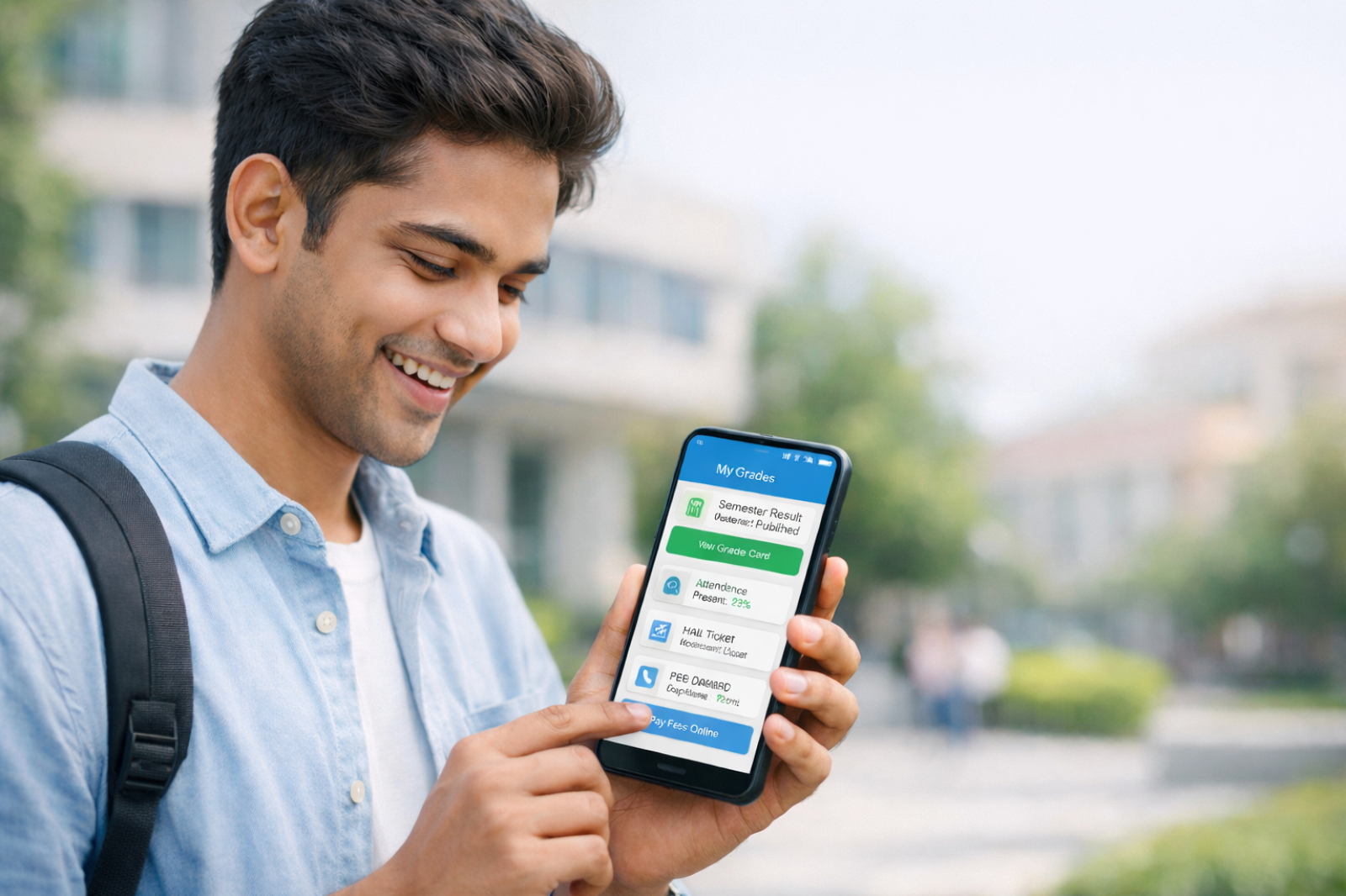 University student checking academic information on a mobile app as part of a smart Education Management System (EMS)