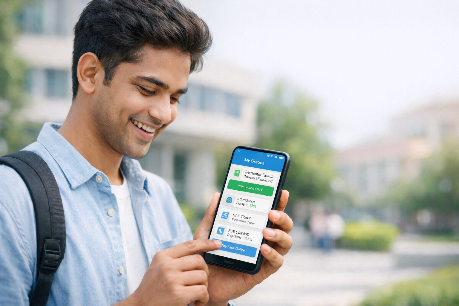 University student checking academic information on a mobile app as part of a smart Education Management System (EMS)
