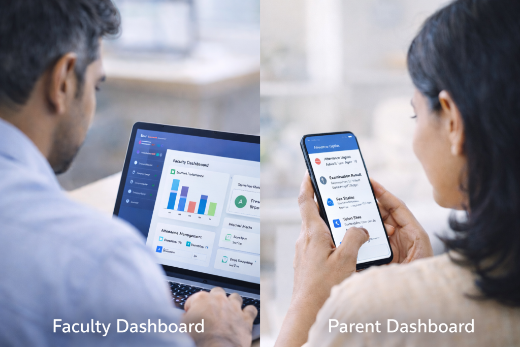 Faculty and parent accessing academic information through a unified Education Management System dashboard and mobile app