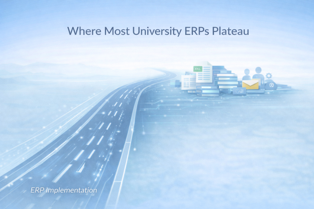 Visual representation of ERP implementation progress slowing down after initial deployment in universities