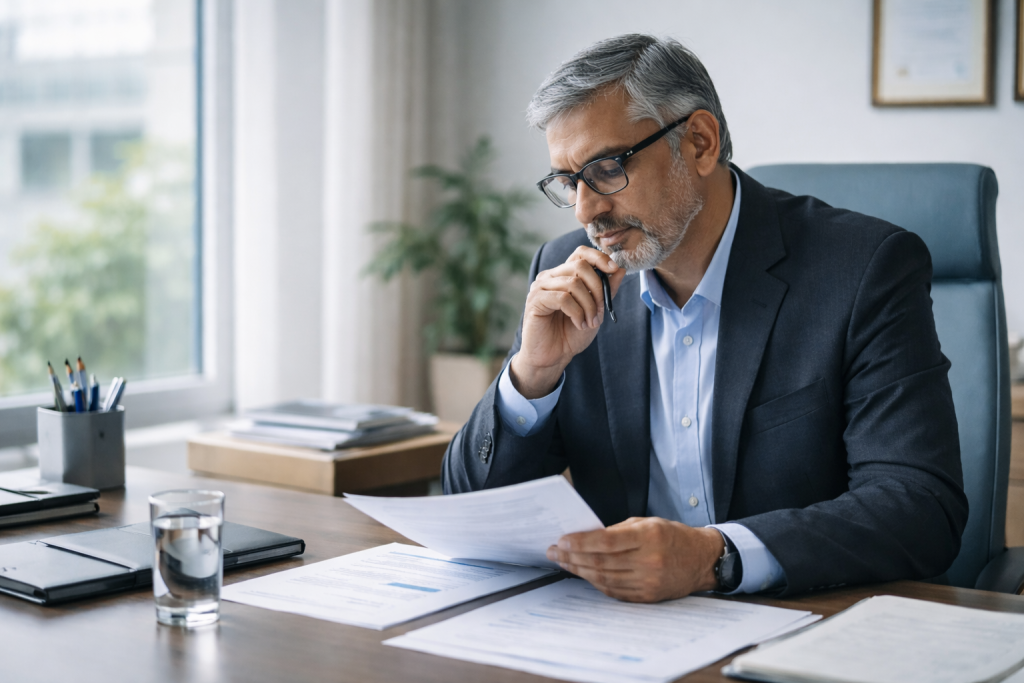 Indian university leader reviewing documents while evaluating an Education Management System (EMS)