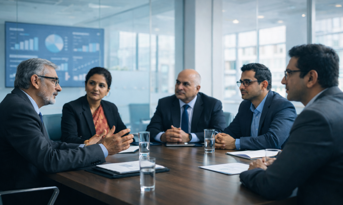 Indian university leadership discussing a strategic decision related to an Education Management System (EMS)