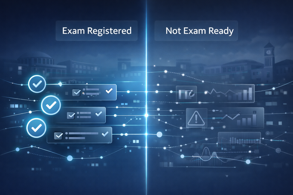 Visual comparison of exam registered students versus actual exam readiness highlighting hidden academic risk