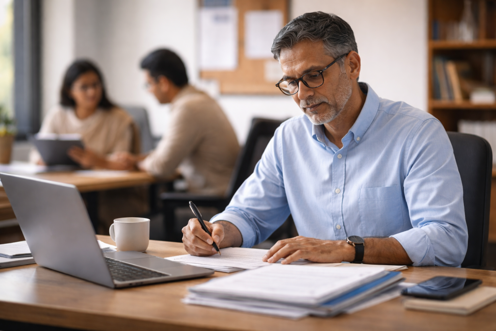 Indian faculty member preparing course materials using learning management software in a university setting