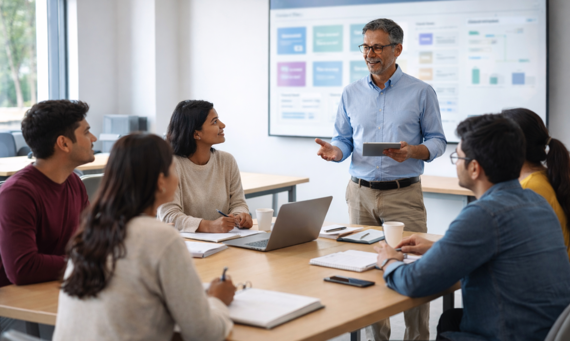 Indian faculty and students engaged in structured learning supported by learning management software in a university classroom