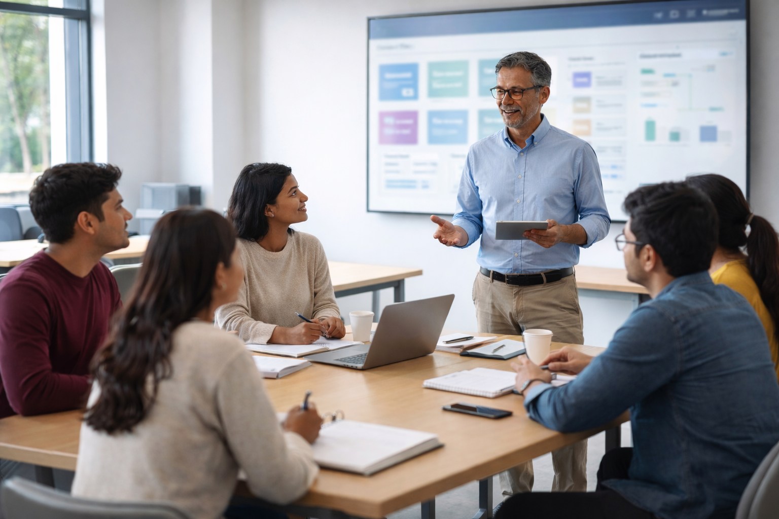Indian faculty and students engaged in structured learning supported by learning management software in a university classroom