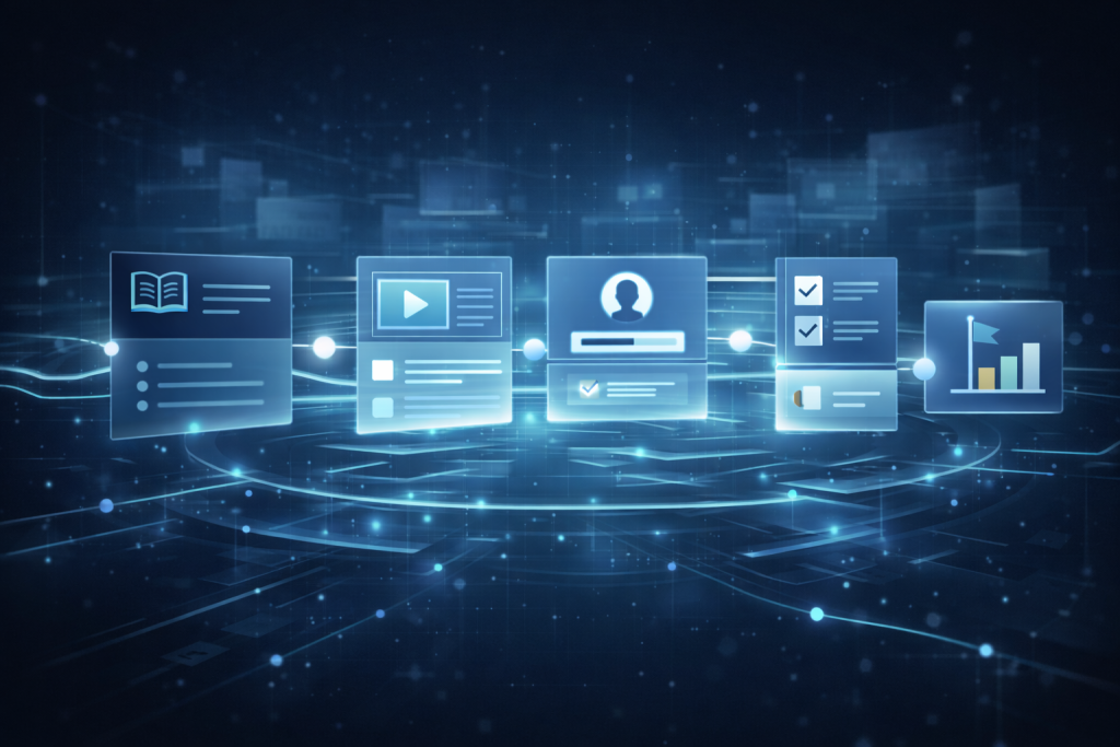 Conceptual illustration showing a structured learning ecosystem managed by learning management software