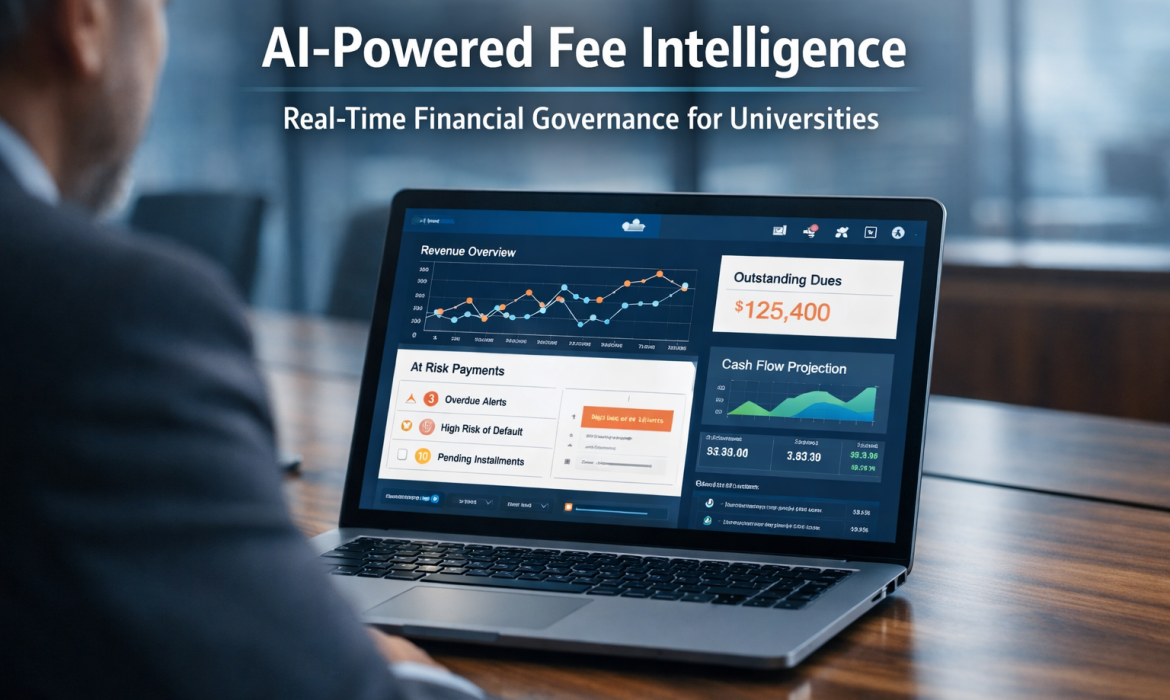AI-powered university fee management dashboard showing revenue trends, risk alerts, and financial overview on a laptop screen