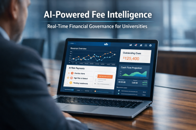 AI-powered university fee management dashboard showing revenue trends, risk alerts, and financial overview on a laptop screen
