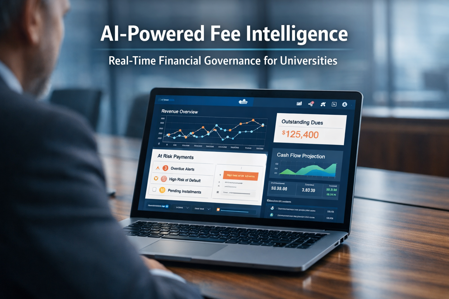 AI-powered university fee management dashboard showing revenue trends, risk alerts, and financial overview on a laptop screen