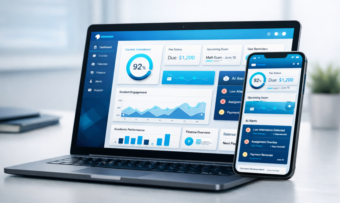 AI-powered student portal dashboard displayed on laptop and mobile showing real-time university analytics
