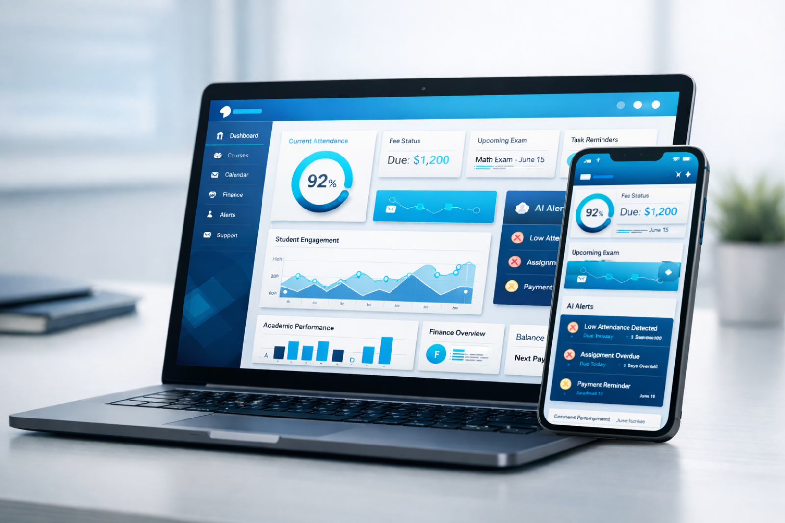 AI-powered student portal dashboard displayed on laptop and mobile showing real-time university analytics