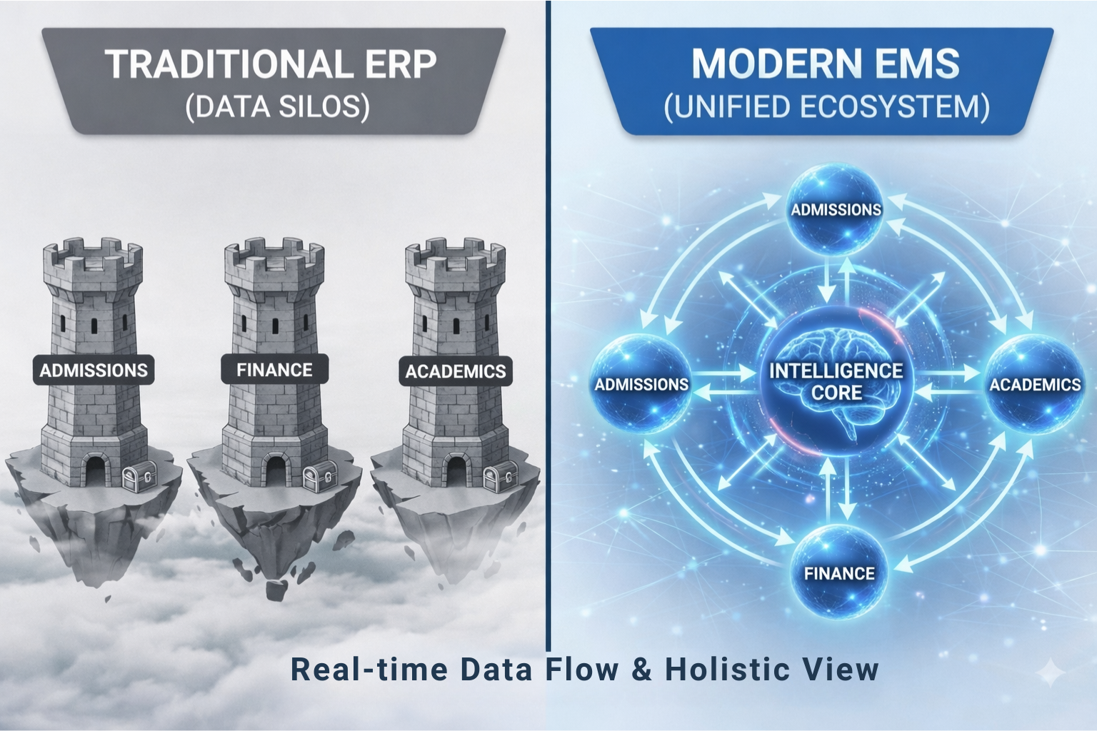 University leaders evaluating Collage ERP vs Education Management System dashboards in strategic decision setting