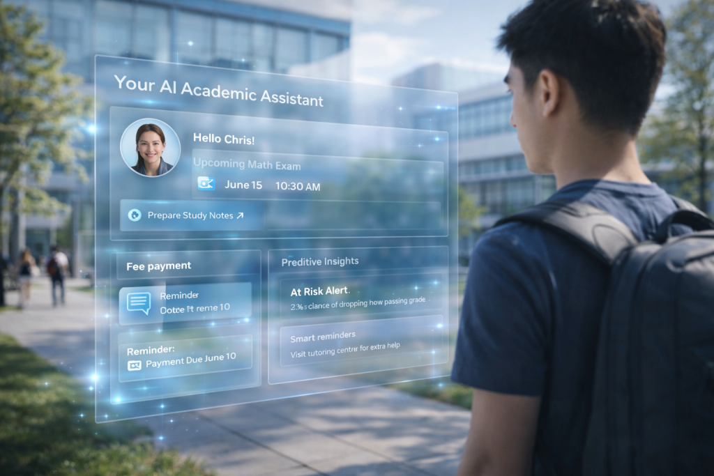 AI-powered academic assistant providing personalized student success guidance on a modern university campus