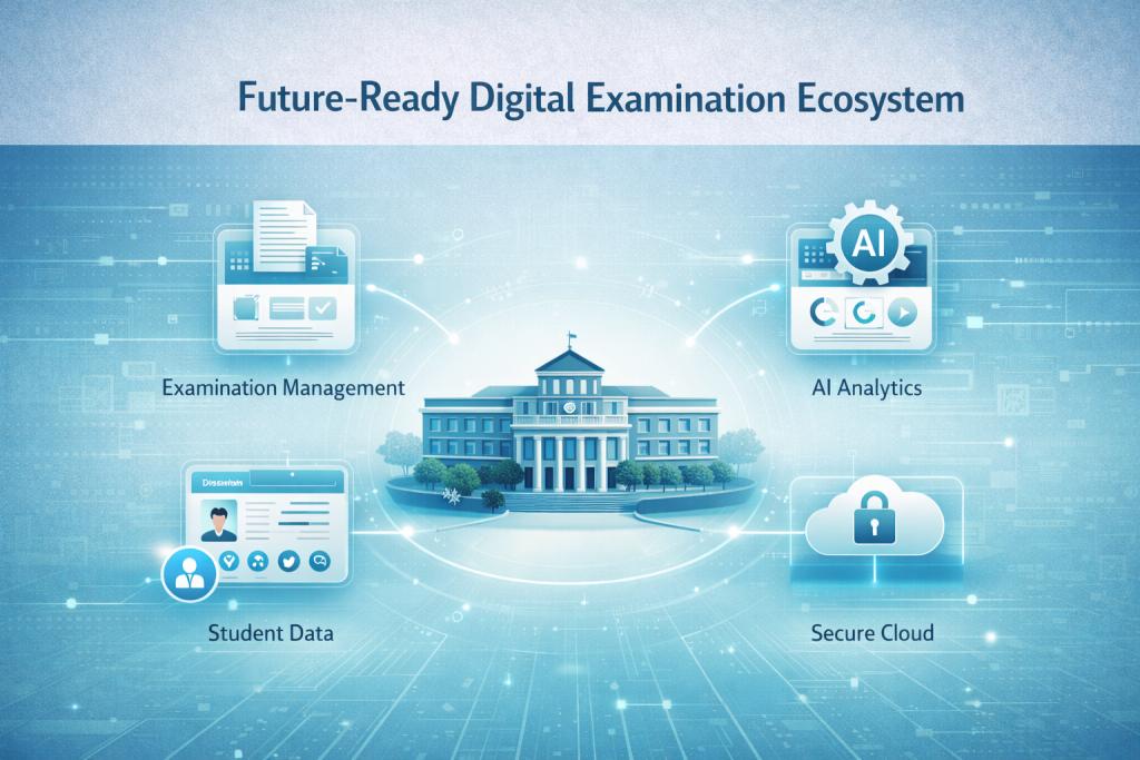 Future-ready Examination Management System ecosystem connecting university AI analytics student data and secure cloud
