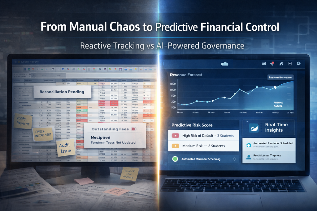Split-screen comparison of manual spreadsheet-based fee tracking versus AI-powered financial governance dashboard