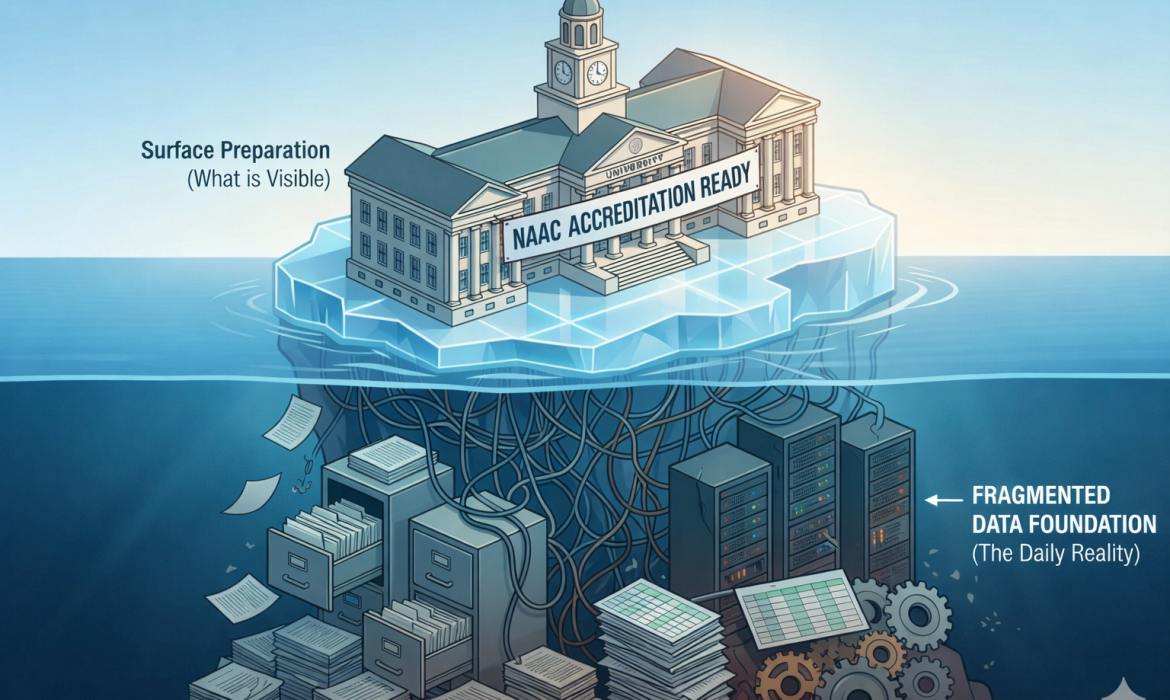 NAAC accreditation preparation visible on the surface while fragmented institutional data lies hidden beneath