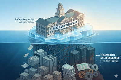 NAAC accreditation preparation visible on the surface while fragmented institutional data lies hidden beneath
