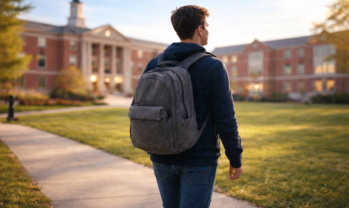 Student walking alone on university campus symbolizing early signs of student dropout risk