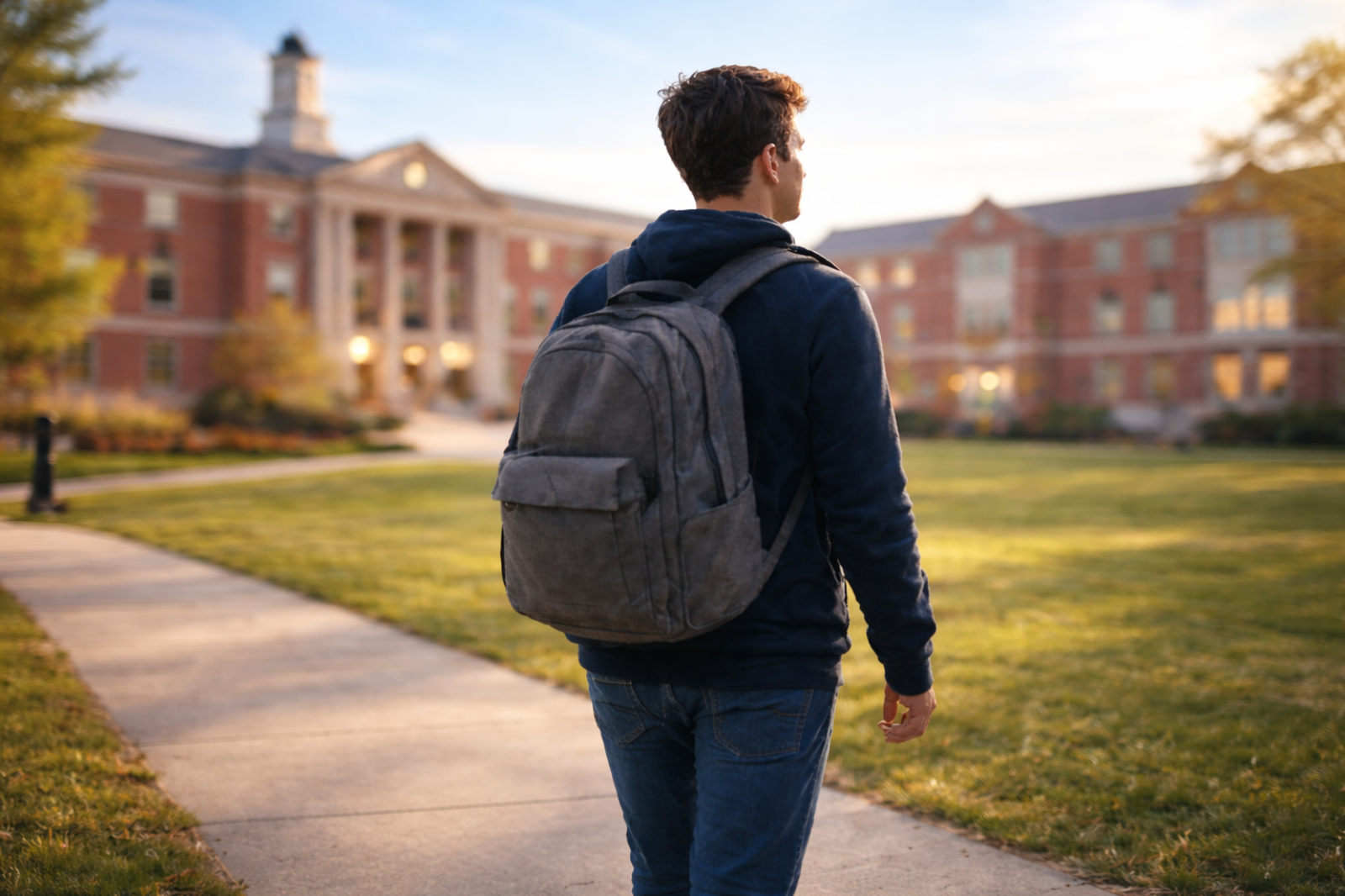 Student walking alone on university campus symbolizing early signs of student dropout risk