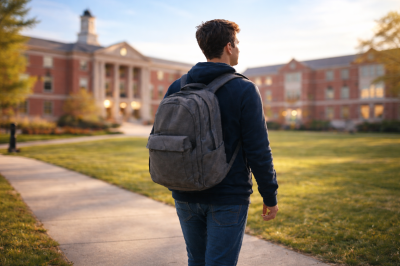Student walking alone on university campus symbolizing early signs of student dropout risk