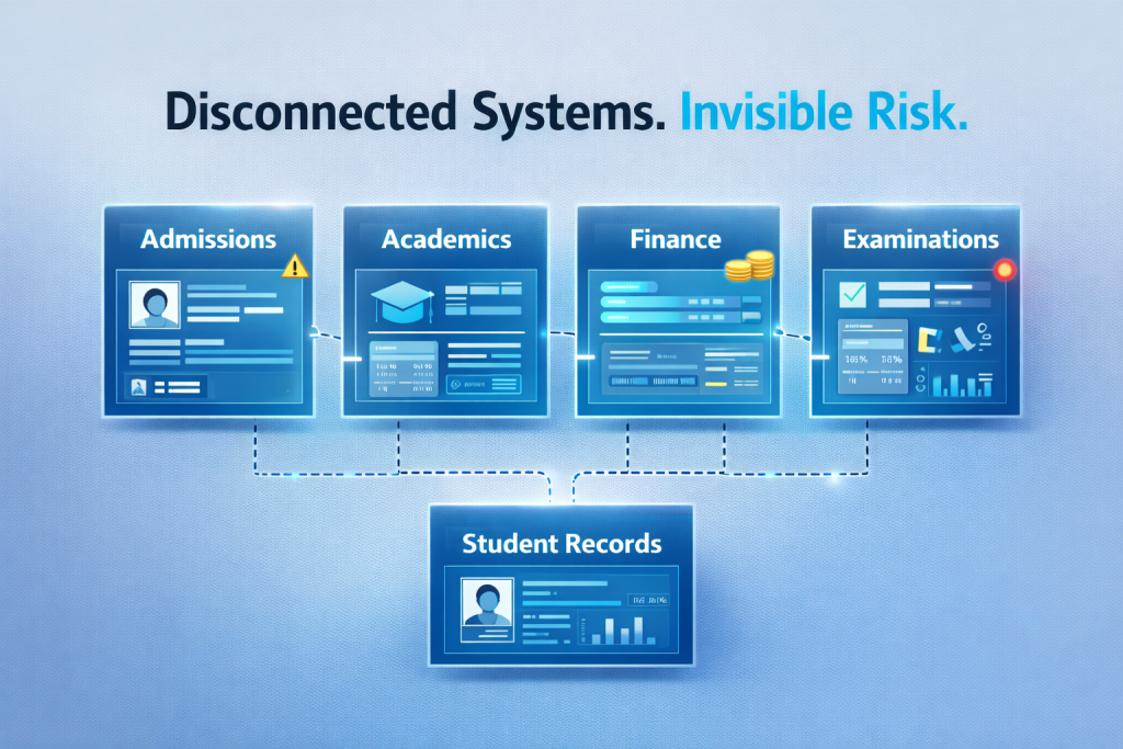 Five-node university Student Information System fragmentation diagram showing disconnected departments