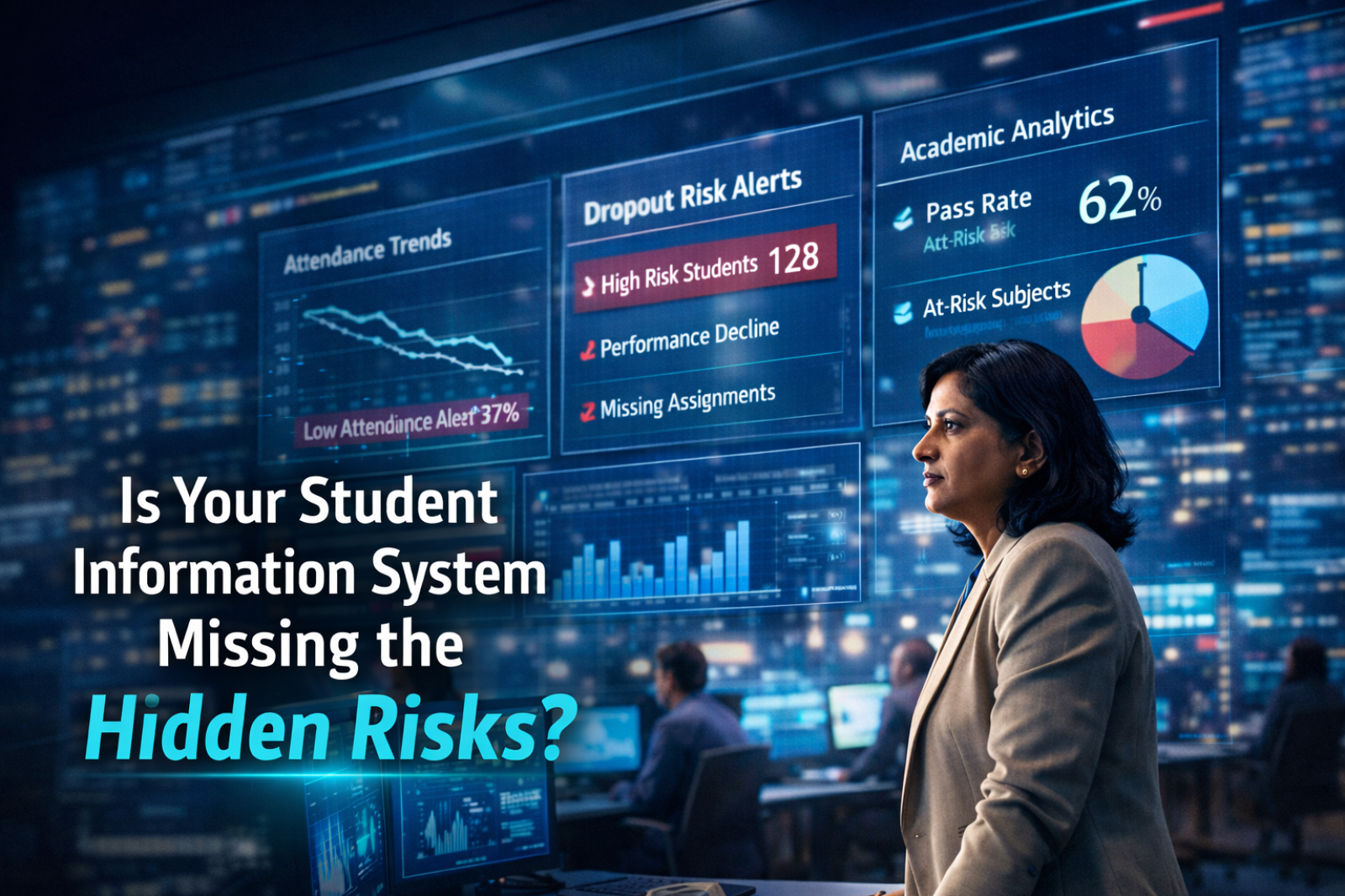 Indian university leader analyzing AI-powered Student Information System risk dashboard