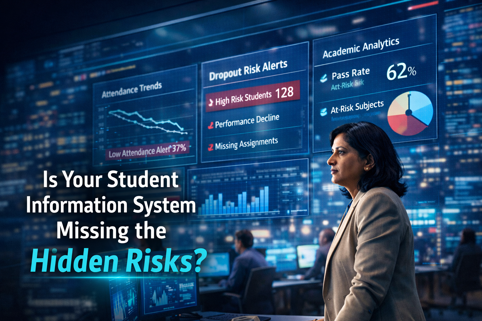 Indian university leader analyzing AI-powered Student Information System risk dashboard