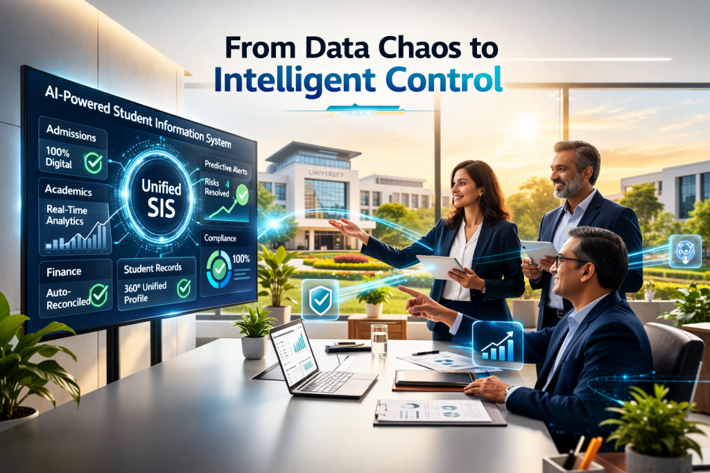Indian university leadership team reviewing unified AI-powered Student Information System dashboard