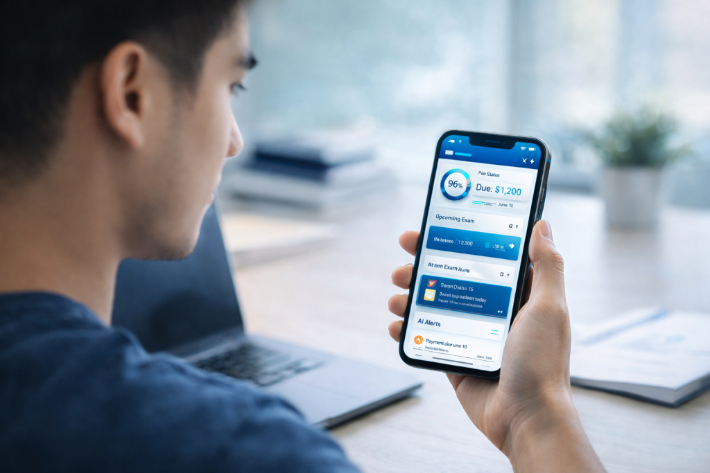 University student using AI-powered student portal on mobile for real-time academic updates