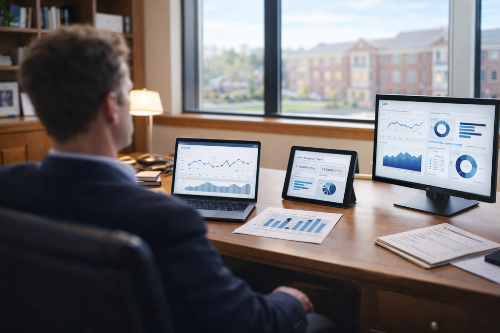 University administrator viewing separate academic, financial, and engagement reports without unified visibility