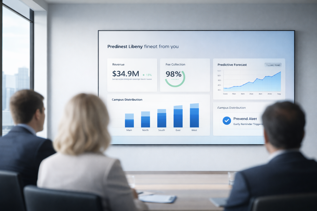 University executives reviewing cloud-based financial governance dashboard in a modern boardroom